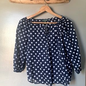 Ralph Lauren Blue Polka Dot Thin Linen Drawstring Over Shirt Blouse